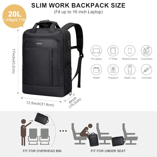 PIJUSHI Travel Backpack Carry On Slim Laptop Daypack 25L Fits 16" Laptop - color: Black