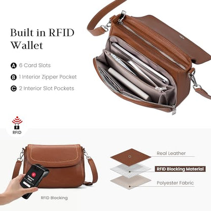 befen Genuine Leather Medium Crossbody Bags for Women Saddle Bag Purse - color: Cognac Brown