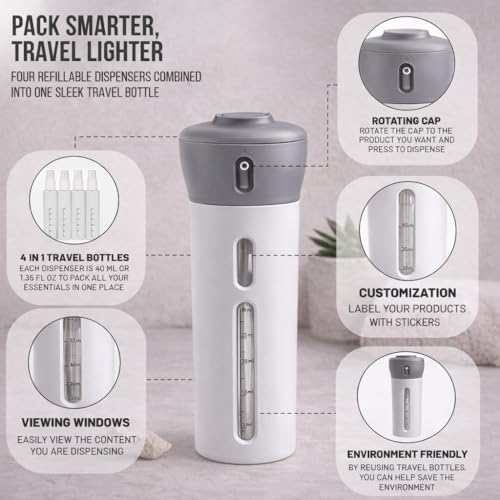 Travigo 4-in-1 Travel Dispenser Bottle Set, TSA Approved, Leak Proof, Reusable 1.4 oz. (40 mL) Toiletry Containers for Shampoo, Conditioner, Soap, Lotion, Skincare (2 Pack, Black & Gray) - color: Combo (Black Gray)