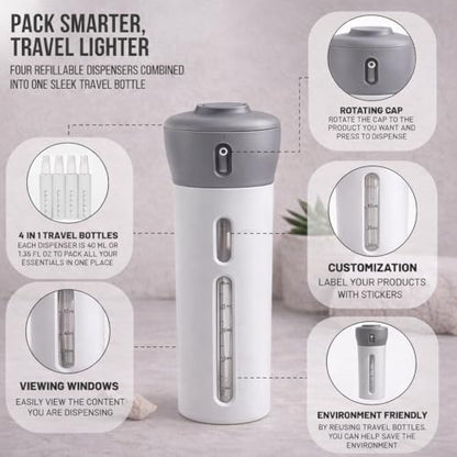 Travigo 4-in-1 Travel Dispenser Bottle Set, TSA Approved, Leak Proof, Reusable 1.4 oz. (40 mL) Toiletry Containers for Shampoo, Conditioner, Soap, Lotion, Skincare (2 Pack, Pink & Gray) - color: 2 Pack (Pink Gray)