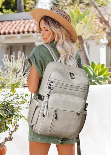 Shrrie 17 Inch Leather Laptop Backpack for Women with Giant Tumbler Holders - color: Ash Gray