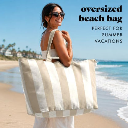 Fit & Fresh All The Things XL Beach Bag for Women, Oversized Travel Tote - color: Taupe Stripe