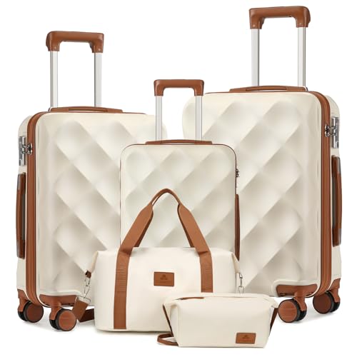 Somago Luggage Sets 5 Piece Hardside 20"/24"/28" with Duffle Toiletry Pouch - color: Beige, size: 5 Piece Set