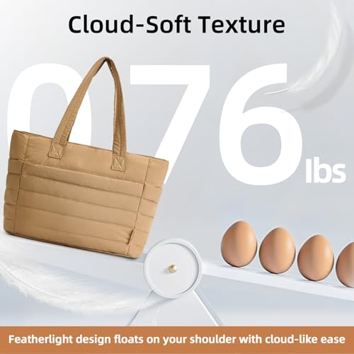 Axcone Puffer Tote Bag for Women Lightweight Quilted Work with Multi-Pockets, Laptop Compartment and Makeup Pouch Gift - color: Khaki