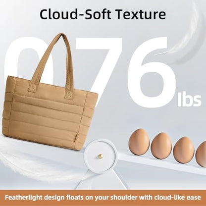 Axcone Puffer Tote Bag for Women Lightweight Quilted Work with Multi-Pockets, Laptop Compartment and Makeup Pouch Gift - color: Khaki
