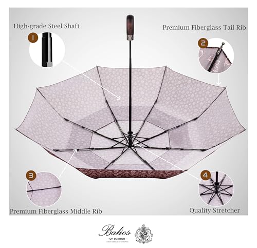 Balios Folding Umbrella Real Wood Handle Auto Open Close - color: Maple Leaves Red Plum