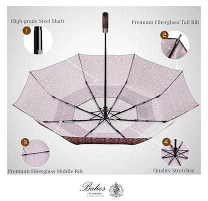 Balios Folding Umbrella Real Wood Handle Auto Open Close - color: Maple Leaves Red Plum