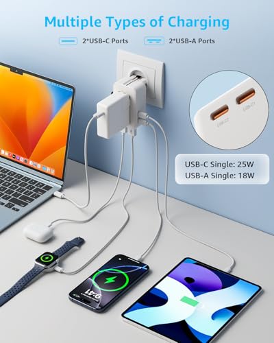 “Air” Universal Travel Adapter 2 USB-C＆ 2 USB-A Cover 200+ Countries - color: White, size: A1R PD25W