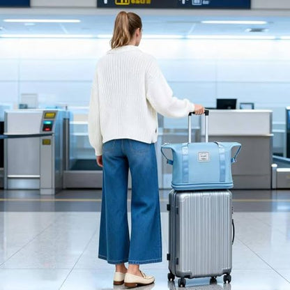 Travel Rolling Duffel Bag with Removable Wheels,Expandable Foldable Carry-On Luggage for Trip or Hospitalization - color: blue