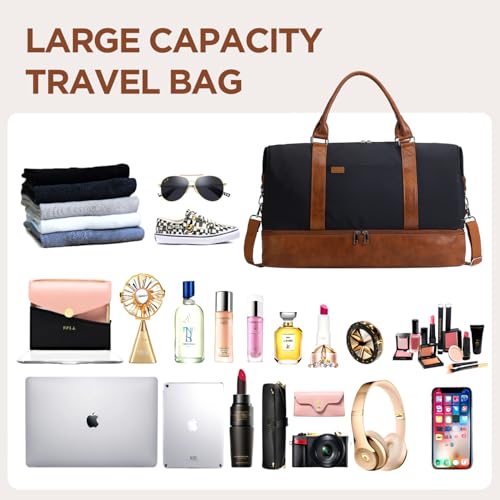 Women's Weekender bag Travel Duffel Bag with Shoe Compartment 21-inch Airline-Approved Carry-On, 2-Piece Overnight Bag Set Personal Item Luggage - color: Brown Black