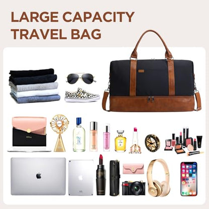 Women's Weekender bag Travel Duffel Bag with Shoe Compartment 21-inch Airline-Approved Carry-On, 2-Piece Overnight Bag Set Personal Item Luggage - color: Brown Black