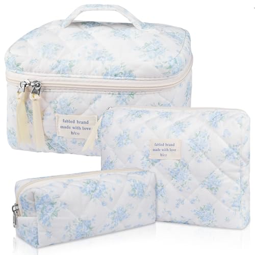 Gosect Makeup Bag Set, Quilted Makeup Bag, Large Floral Cosmetic Bag for Women, Cute Cotton Makeup Bags, Flower Travel Toiletry Organizer Bag (Blue Rose) - color: LMG
