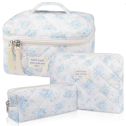 Gosect Makeup Bag Set, Quilted Makeup Bag, Large Floral Cosmetic Bag for Women, Cute Cotton Makeup Bags, Flower Travel Toiletry Organizer Bag (Blue Rose) - color: LMG