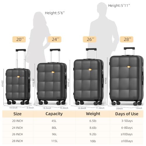 MGB Hardside 24 Inch Luggage, PC Hard Shell Checked Suitcase - color: Charcoal Black, size: 24 Inch