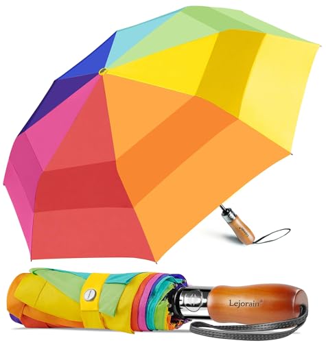 Windproof Golf Umbrella Large 54 Inch Folding Auto Open Close Wood Handle - color: 14.Rainbow