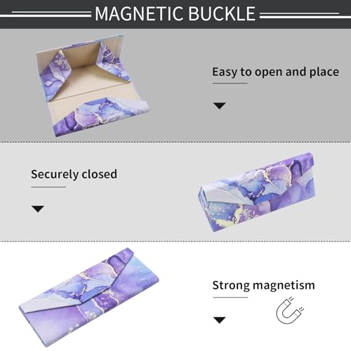 Foldable Glasses Case, Magnetic PU Leahter Sunglasses Case, Cute Hard Shell Folding Eyeglass Cases for Women Kids - color: Purple Marble
