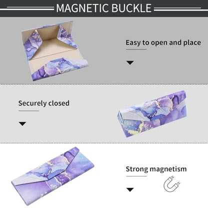 Foldable Glasses Case, Magnetic PU Leahter Sunglasses Case, Cute Hard Shell Folding Eyeglass Cases for Women Kids - color: Purple Marble