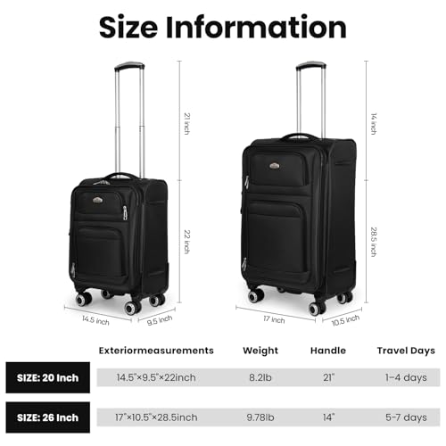 Softside Luggage Sets 2 Piece(20/26in),Expandable 15% - color: Black, size: 2-Piece Set (20"/26'')