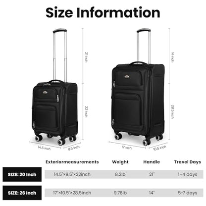 Softside Luggage Sets 2 Piece(20/26in),Expandable 15% - color: Black, size: 2-Piece Set (20"/26'')