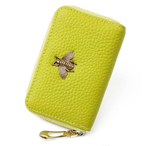 imeetu RFID Credit Card Holder, Small Card Wallet Women, Leather Card Case | Genuine Leather Women's Card & id Cases, Change Coin Purse with Zipper Keychain id Window, 20 Colors & 3 Styles, Daily, Gifts - color: Lite - Yellow Green, size: Lite