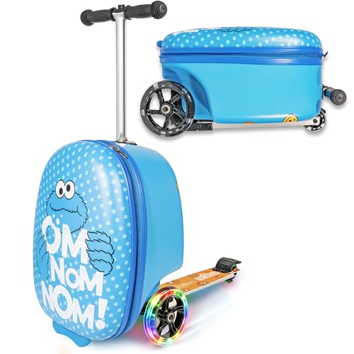 Kiddietotes Sesame Street Ride-On Scooter Suitcase, Foldable Carry-On - style: Cookie Monster