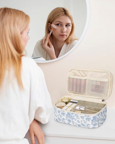 Relavel 여행용 메이크업 가방, 메이크업 브러시 칸이 있는 작은 꽃무늬 화장품 가방, 여성용 휴대용 메이크업 파우치, 이중 레이어 메이크업 정리함 가방, 귀여운 세면도구 가방 - color: 라이트 블루, size: 2-중형