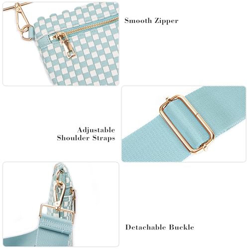 Woven Crossbody Bag for Women, Checkered PU Bum Bag Sling Purse with Adjustable Strap for Travel, Festivals - color: Aqua Blue & White
