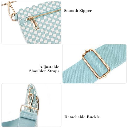 Woven Crossbody Bag for Women, Checkered PU Bum Bag Sling Purse with Adjustable Strap for Travel, Festivals - color: Aqua Blue & White