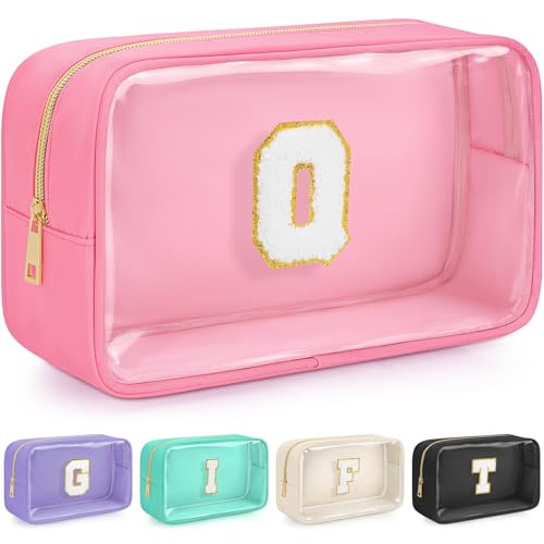 Initial Clear Makeup Bag, Birthday Gift Chenille Patch Cosmetic Bag - color: Pink, size: Q