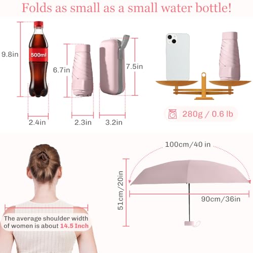TOPSAIL Mini Umbrella for Travel, UPF 50+ UV Sun & Rain Protection, Compact 6k Folding Pocket Umbrella with Case for Purse, Backpack - color: BlackPink
