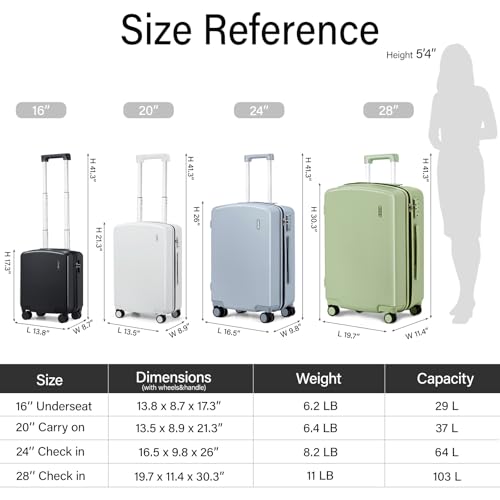 Hanke 16 Inch Underseat Small Carry On Luggage, Hard Shell with TSA Lock - color: Bamboo Green, size: 16 Inch