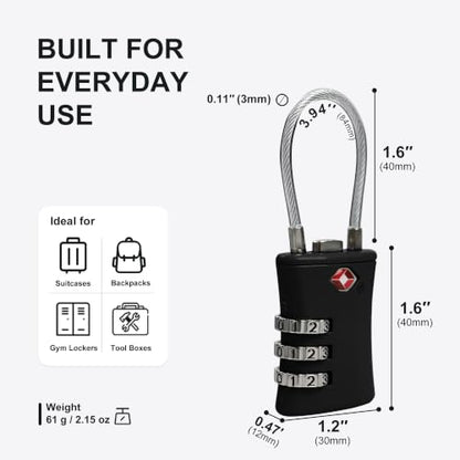 TSA Locks for Luggage, Small Combination Padlock, Luggage Locks TSA Approved, Padlock Combination with Cable, for Suitcase, Gym Locker, Gun Case, Ammo Can, Backpack Zipper (Black+Black) - color: Black+Black