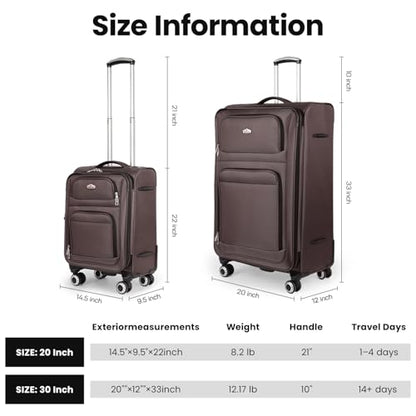 Softside Suitcase Sets 2 Piece(20/30in) w/Front Open Pocket - color: Coffee, size: 2-Piece Set (20"/30'')