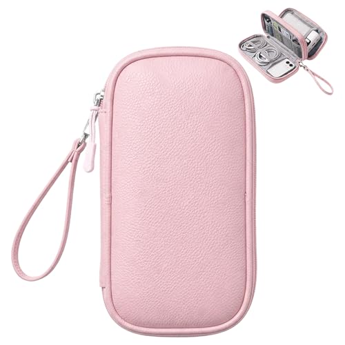 Leather Electronic Organizer Bag, Waterproof Travel Tech Pouch for Cord, Cable, Charger, Phone & Accessories (Pink)