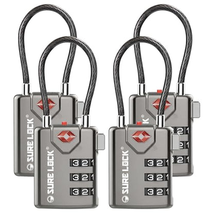 SURE LOCK TSA Approved Luggage Locks with Open Alert Indicator, 3 Digit Combination Cable Travel Lock for Suitcase, Backpack, Gym Locker, Toolbox & Travel Bag(Grey 4 Pack) - color: GREY 4 PACK
