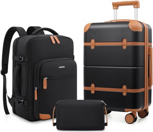 Expandable Carry On Luggage Set, 20In PC Hardside Suitcase with Backpack - color: Black