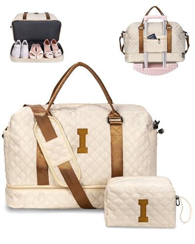 Gifts for Friends-Initial Duffle Bag with Shoe Compartment - color: Beige, style: I