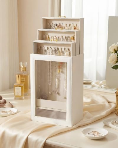 Huquary 3 Layer Vertical Necklace Organizer Box 12.6" x 7.9" x 5", Beige - color: Beige
