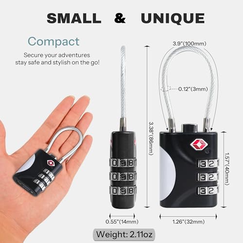TSA Locks for Luggage, Small Combination Lock with Cable, Luggage Locks TSA Approved, Combo Lock for Suitcase, Cabinet, Gym Locker, Backpack, Small Padlock for Travel Essentials (Black) - color: Black