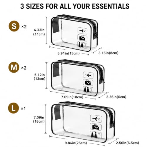 5 Pack Clear Toiletry Bag Clear Makeup Bag Zipper Toiletry Pouch | Includes 2S 2M 1L PVC Cosmetic Pouches with Zipper for TSA Toiletry Bag Set Travel Packing and Daily Organization
