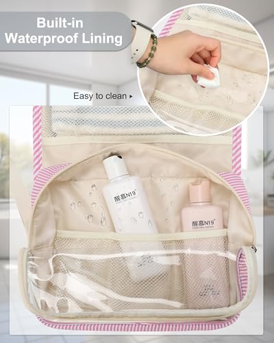 Relavel Hanging Toiletry Bag for Women, Large Striped Makeup Travel Bag - color: 01 Pink Strip, size: Large