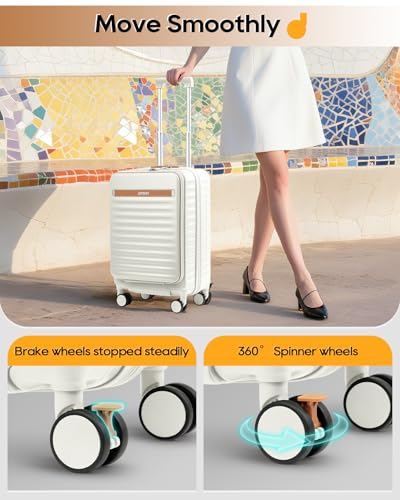 Joyway 20 Inch Carry On Luggage with Front Pocket and Cup Holder, White - color: Beige, size: 20 Inch