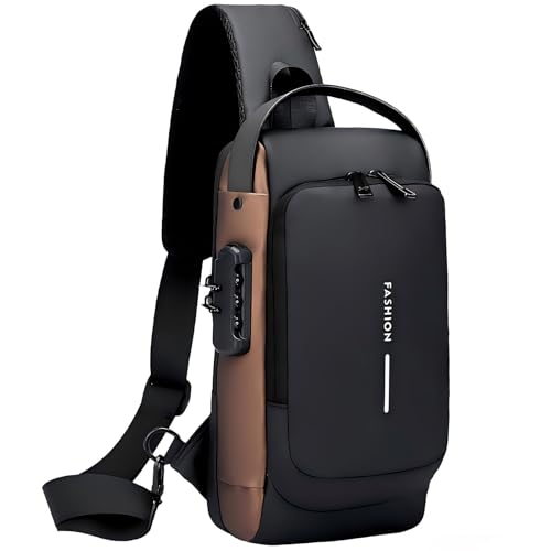 Travel Sling Bag Waterproof Crossbody Bag with Combination Lock Anti-Theft PU Leather Chest Bag - color: Black Gold