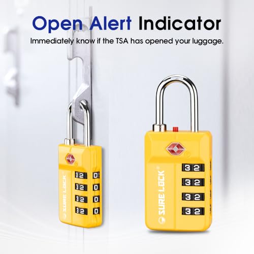 SURE LOCK TSA-Approved 4-Digit Resettable Combination Lock with Open Alert, Easy-Read Dials - for Luggage, School Lockers, Gym, Office, Toolbox & Security Cases (Yellow 2 Pack) - color: 17021YELLOW2