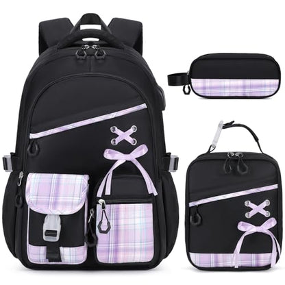 DIGOBAY Backpacks for Girls 3PCS School Backpack Lunch Box Pencil Pouch - color: Blackpurple