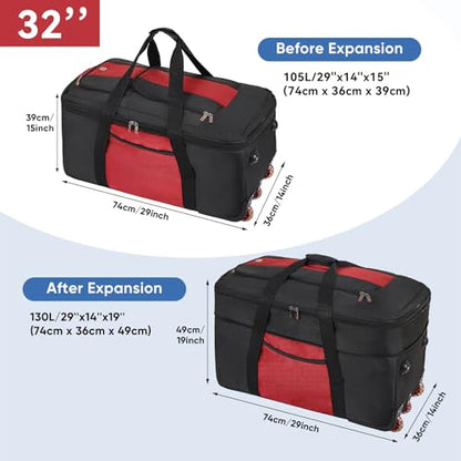 32-inch Rolling Duffle Bag with Wheels and Handle - color: Red, size: 32"