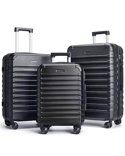 LIGHT FLIGHT Luggage Sets 3 Pcs Suitcase with Wheels,20"/24"/28",Black - color: Black
