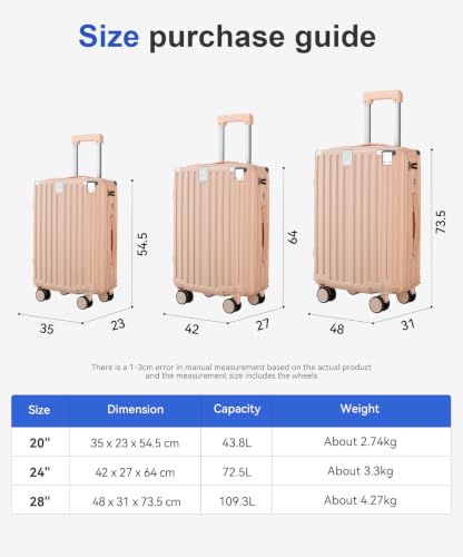 3-Piece ABS Hardside Luggage Set, 20/24/28 Inch Luggage with Quiet Spinner Wheels, Pink - color: B ++ Pink