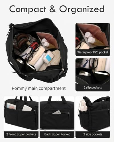 Expandable Travel Duffel Bag for Women Men Gym Bag Weekender Overnight Bag - color: Black