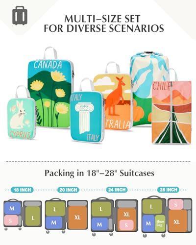 Gonex 6-Piece Compression Packing Cubes with Shoe & Laundry Bags - color: 6-Global Symbols, size: 6 Set